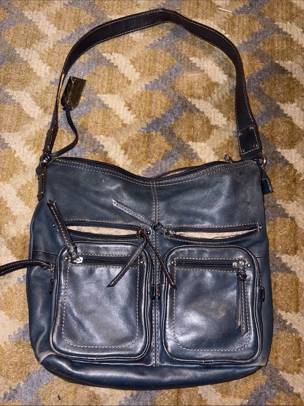 Tignanello Navy Blue Leather Crossbody Bag with Front Pockets